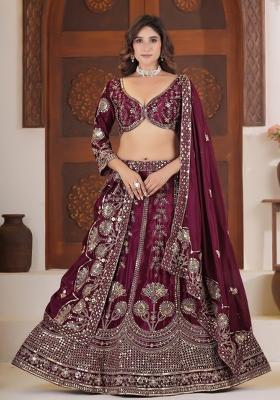 Purple Embroidery Silk Lehenga Set