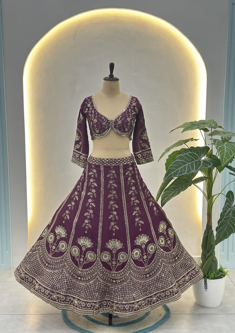 Purple Embroidery Silk Lehenga Set - Indya
