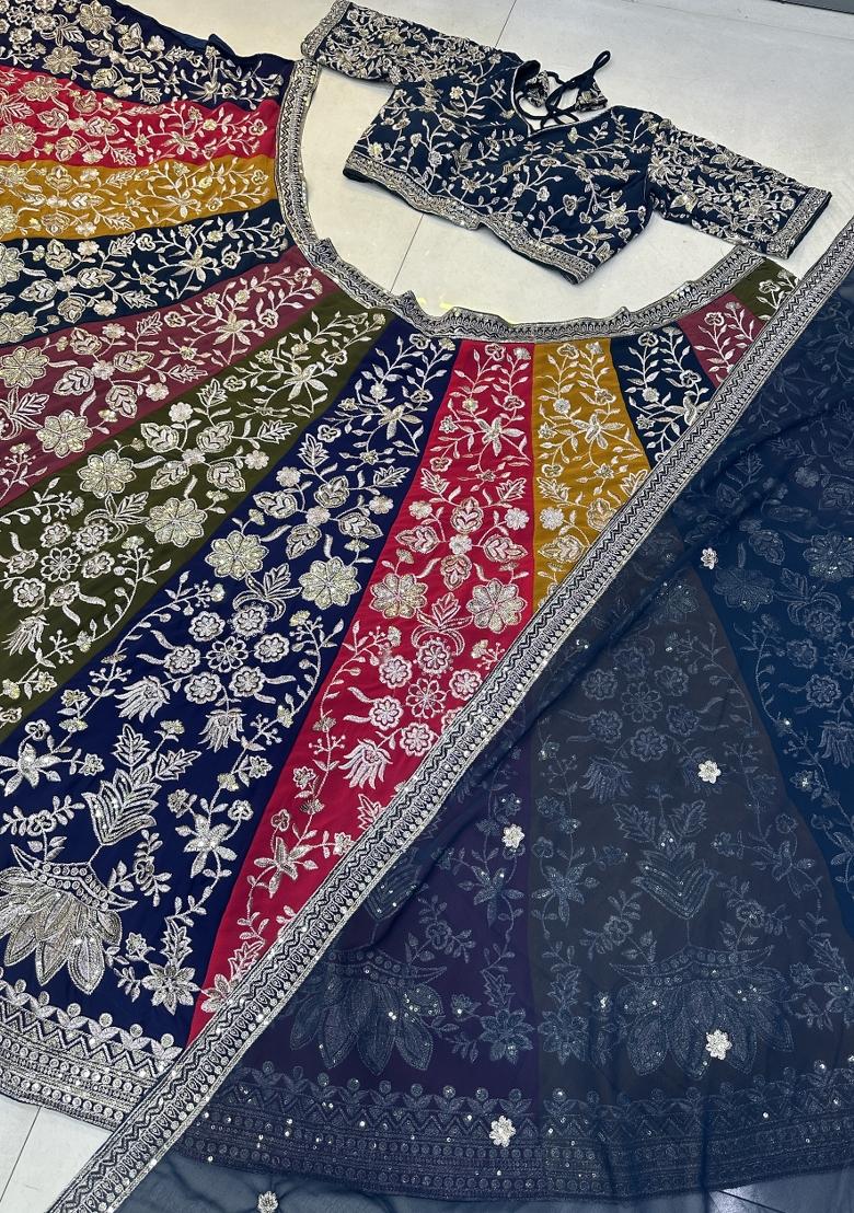 Blue Embroidery Georgette Lehenga Set - Indya