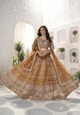Brown Embroidery Net Lehenga Set