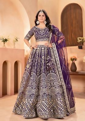 Purple Embroidery Net Lehenga Set