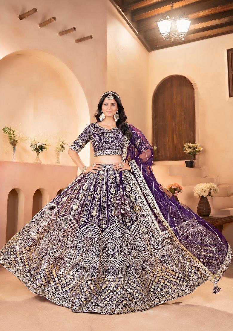 Purple Embroidery Net Lehenga Set - Indya