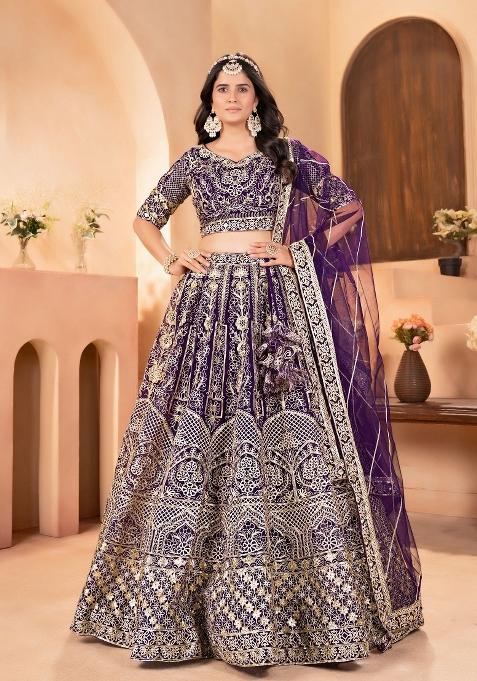 Purple Embroidery Net Lehenga Set