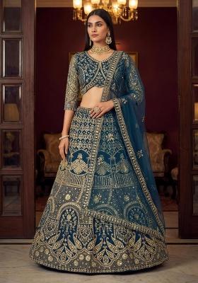 Blue Embroidery Net Lehenga Set