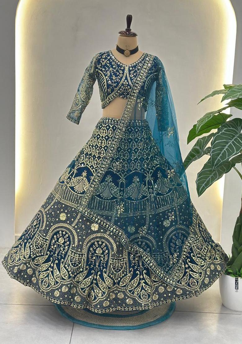 Blue Embroidery Net Lehenga Set - Indya