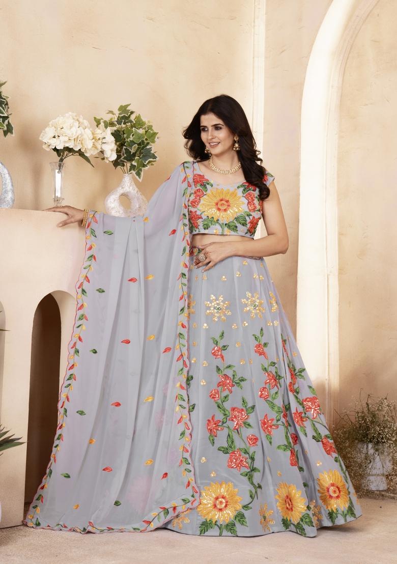Grey Embroidery Georgette Lehenga Set - Indya