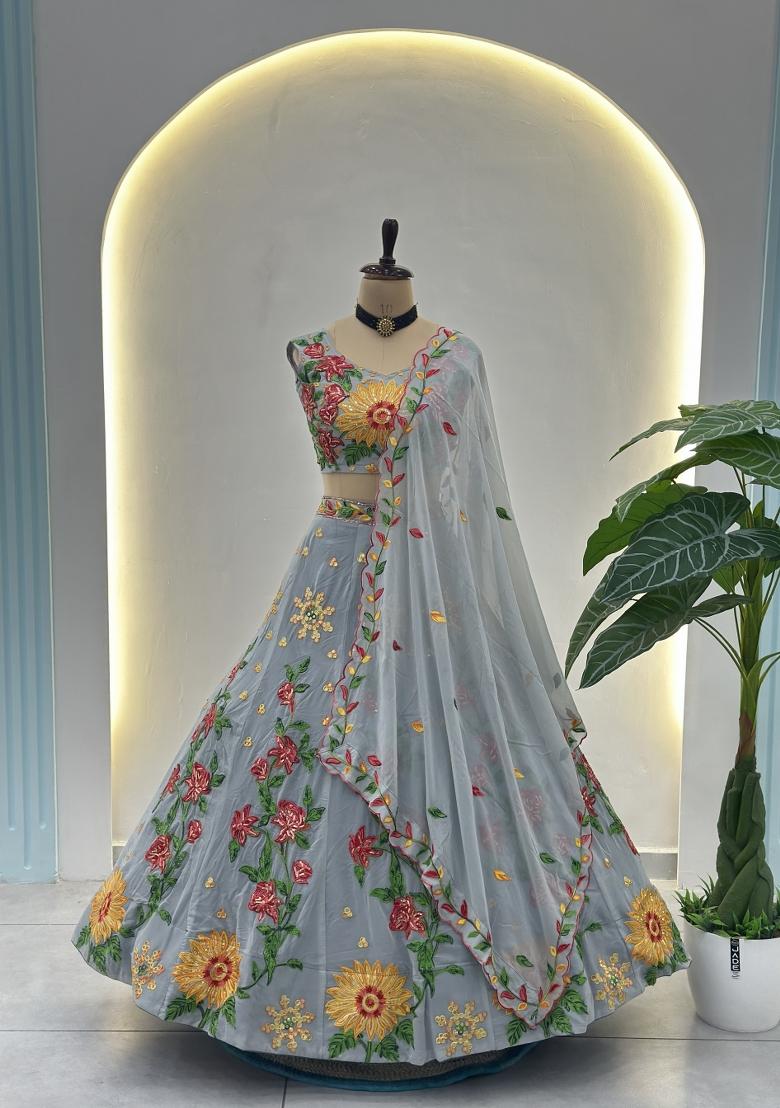 Grey Embroidery Georgette Lehenga Set - Indya
