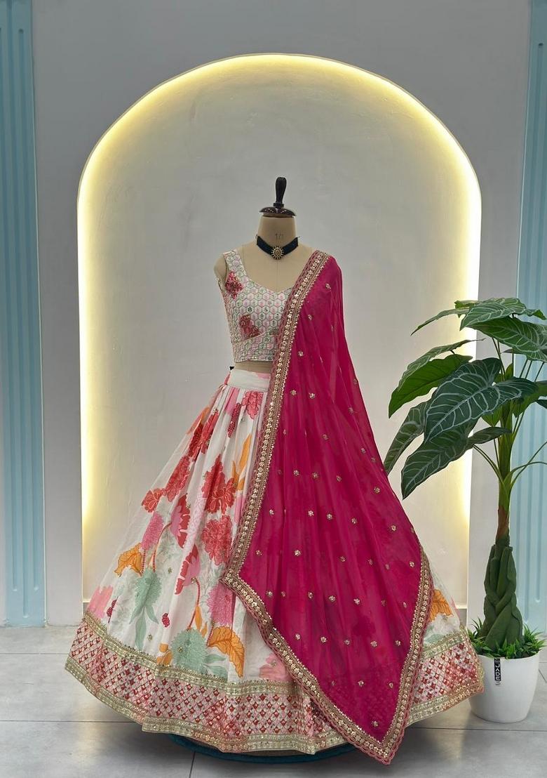 White Embroidery Silk Lehenga Set - Indya