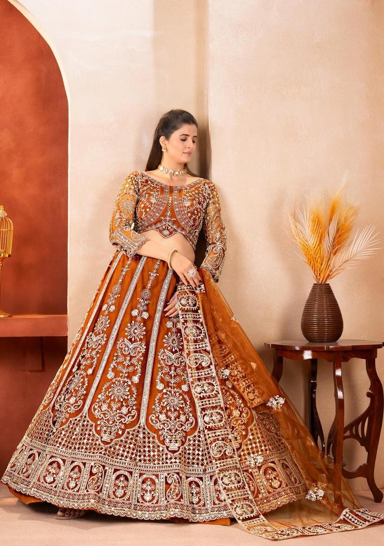 Orange Embroidery Net Lehenga Set - Indya