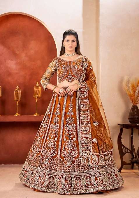 Orange Embroidery Net Lehenga Set for Diwali and Festive Wear