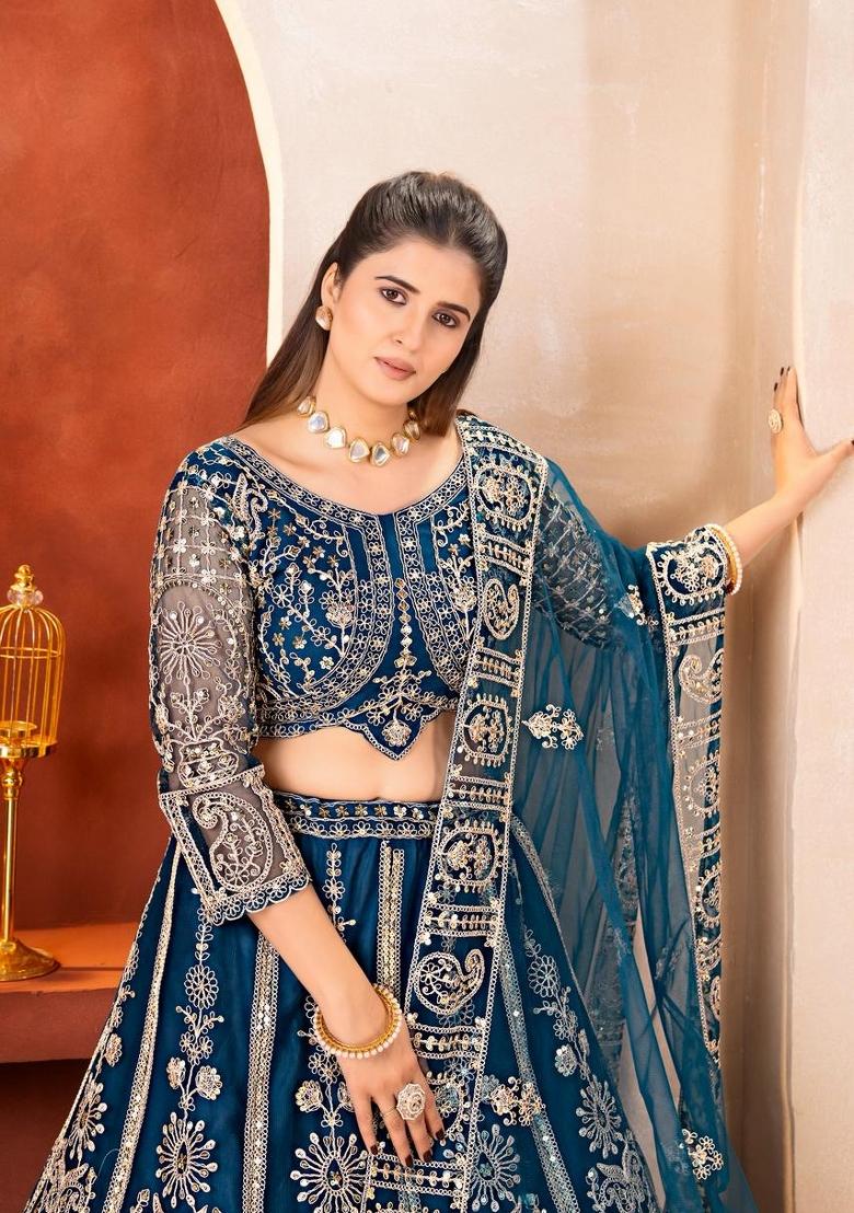 Blue Embroidery Net Lehenga Set - Indya