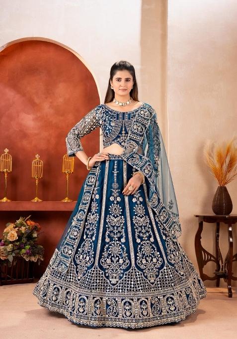 Blue Embroidery Net Lehenga Set