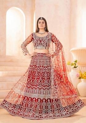 Red Embroidery Net Lehenga Set