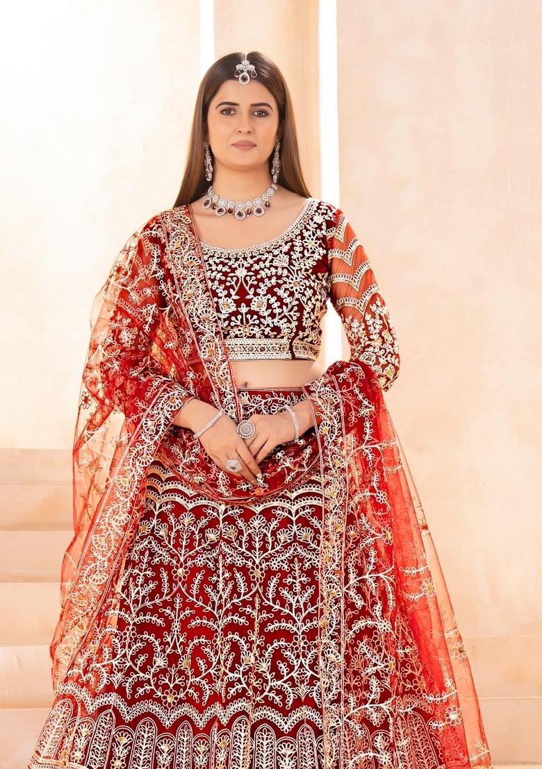 Red Embroidery Net Lehenga Set - Indya
