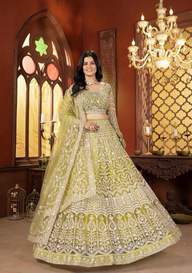 Green Embroidery Net Lehenga Set - Indya