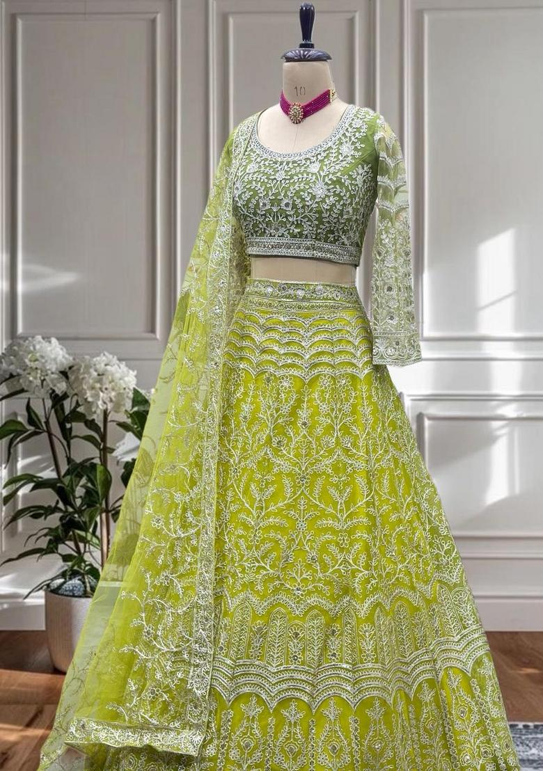 Green Embroidery Net Lehenga Set - Indya