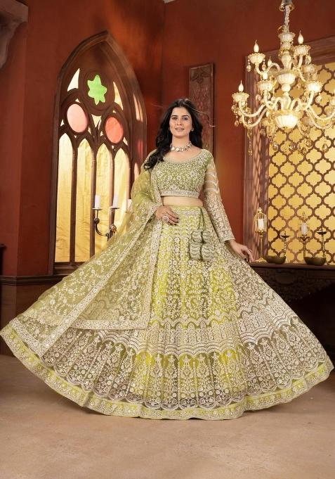 Green Embroidery Net Lehenga Set — view on Indya