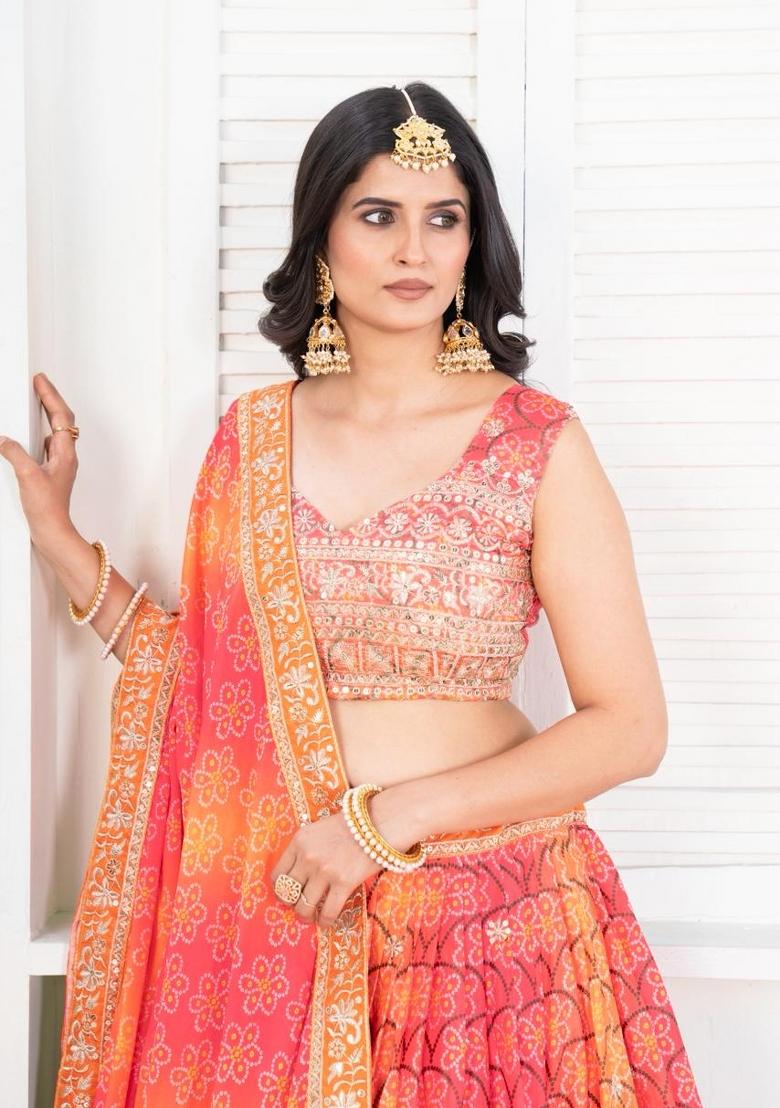 Orange Embroidery Silk Lehenga Set - Indya