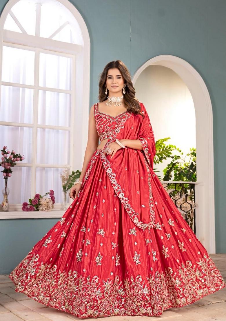 Red Embroidery Chinon Lehenga Set - Indya