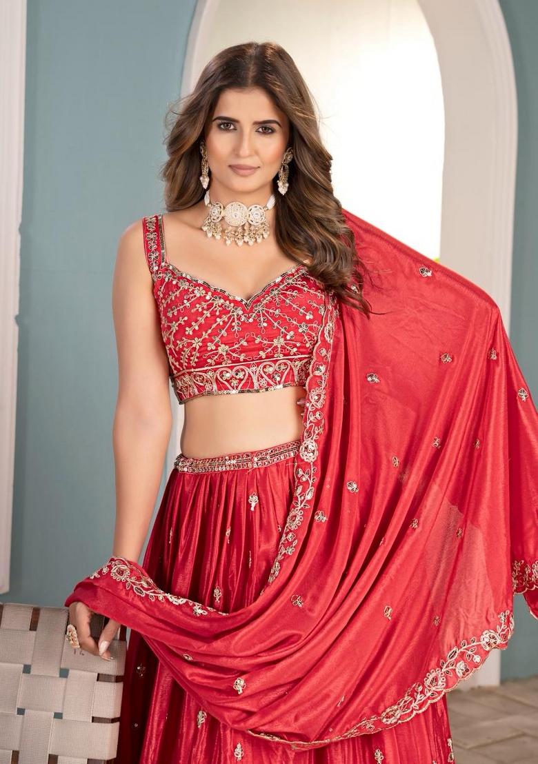 Red Embroidery Chinon Lehenga Set - Indya