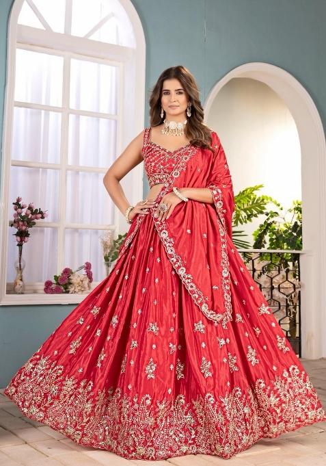 Red Embroidery Chinon Lehenga Set — view on Indya