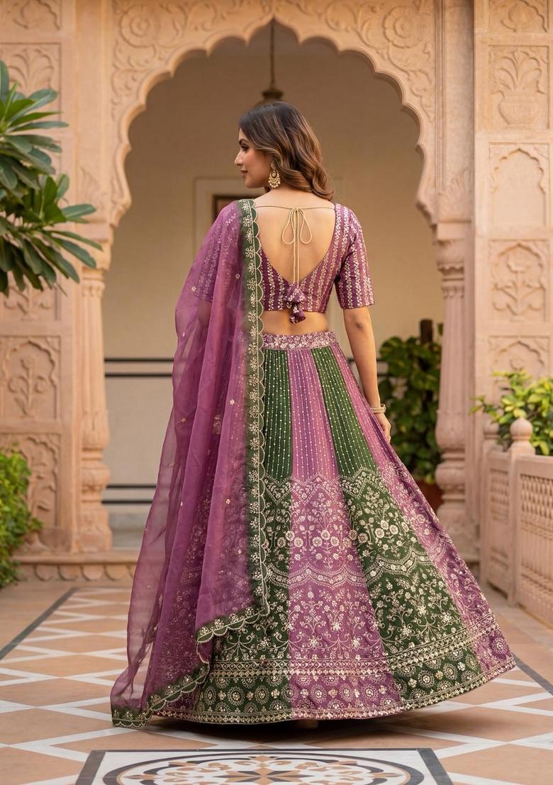 Purple Embroidery Chinon Lehenga Set - Indya