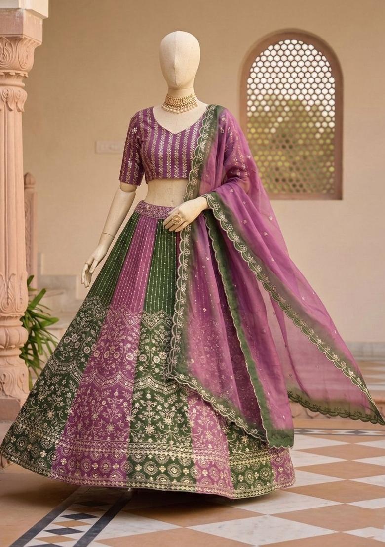 Purple Embroidery Chinon Lehenga Set - Indya