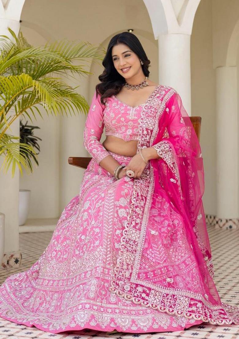 Pink Embroidery Silk Lehenga Set - Indya
