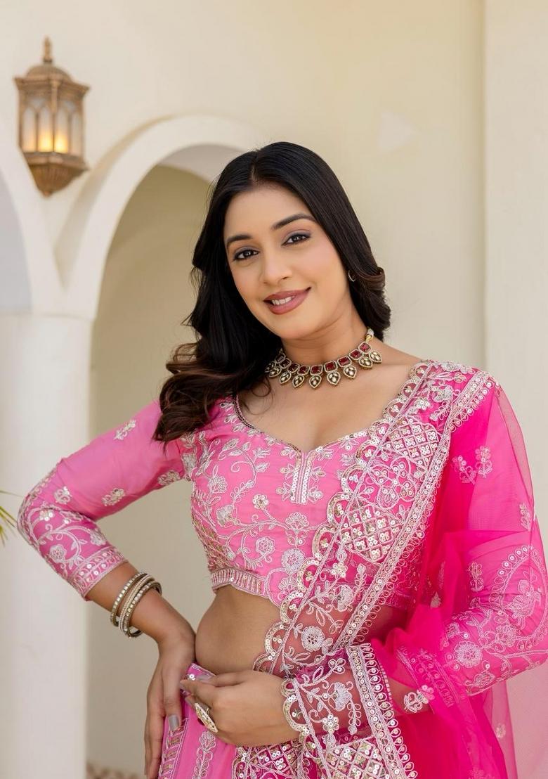 Pink Embroidery Silk Lehenga Set - Indya