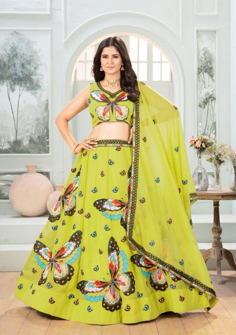 Green Embroidery Silk Lehenga Set - Indya
