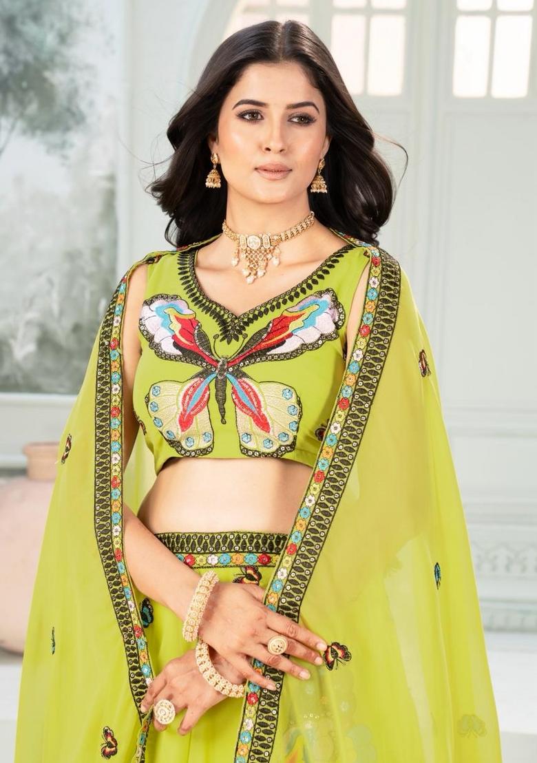Green Embroidery Silk Lehenga Set - Indya