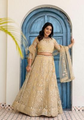 Beige Embroidery Net Lehenga Set