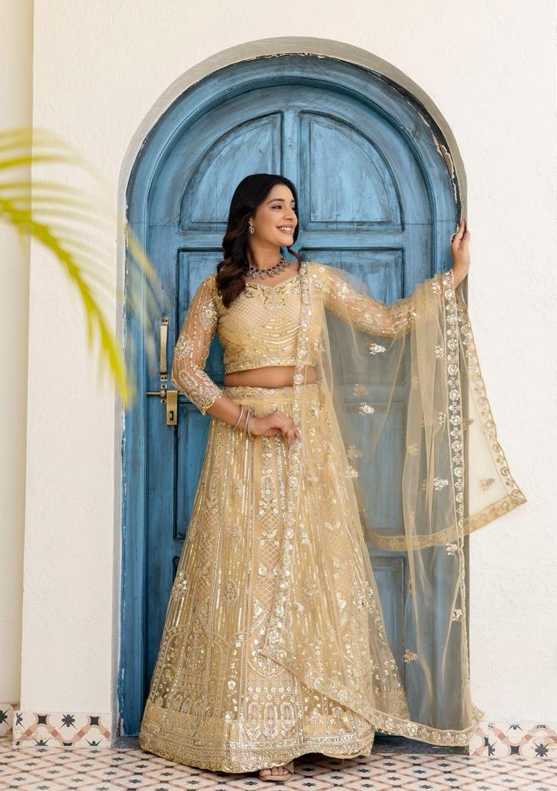 Beige Embroidery Net Lehenga Set - Indya