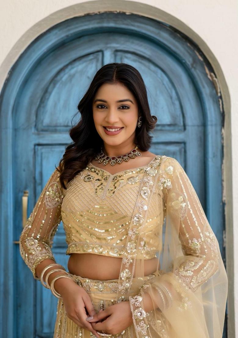 Beige Embroidery Net Lehenga Set - Indya