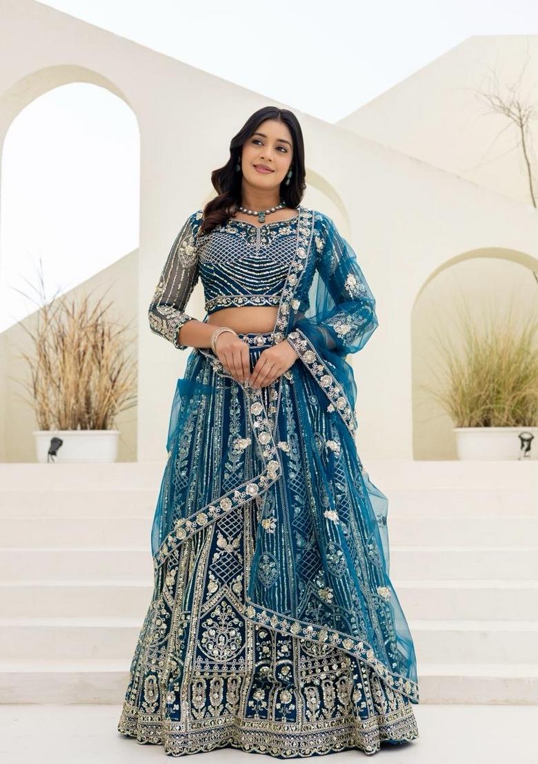 Blue Embroidery Net Lehenga Set - Indya