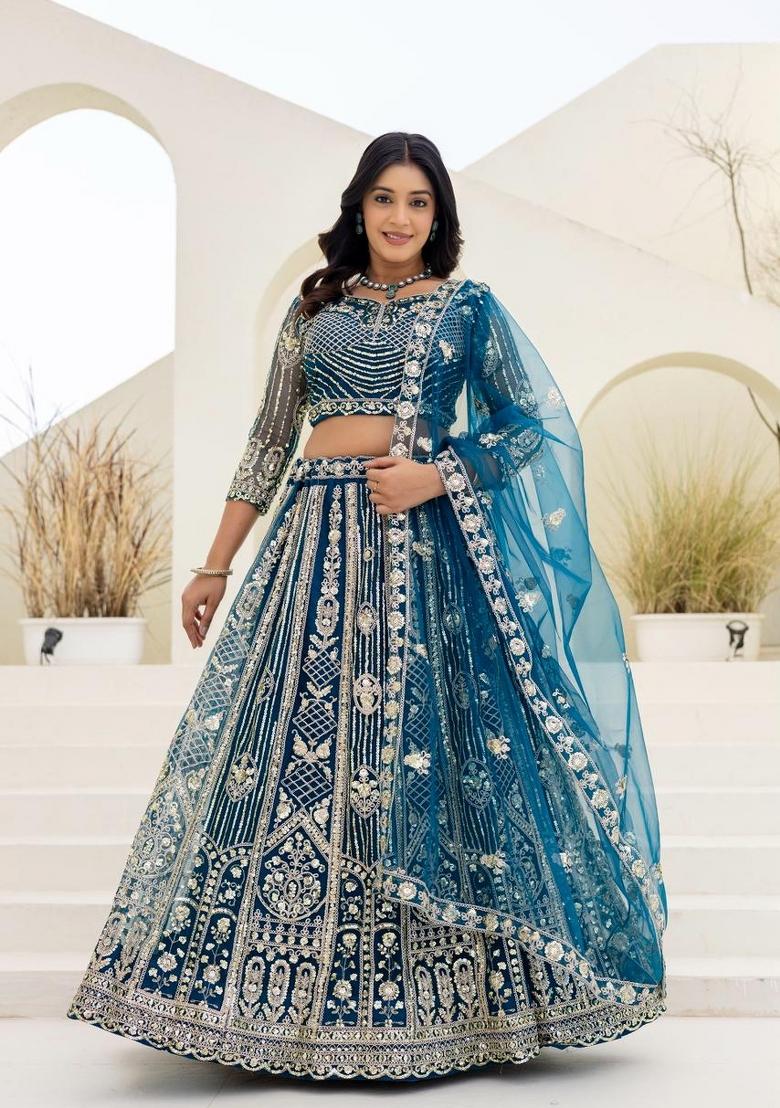 Blue Embroidery Net Lehenga Set - Indya
