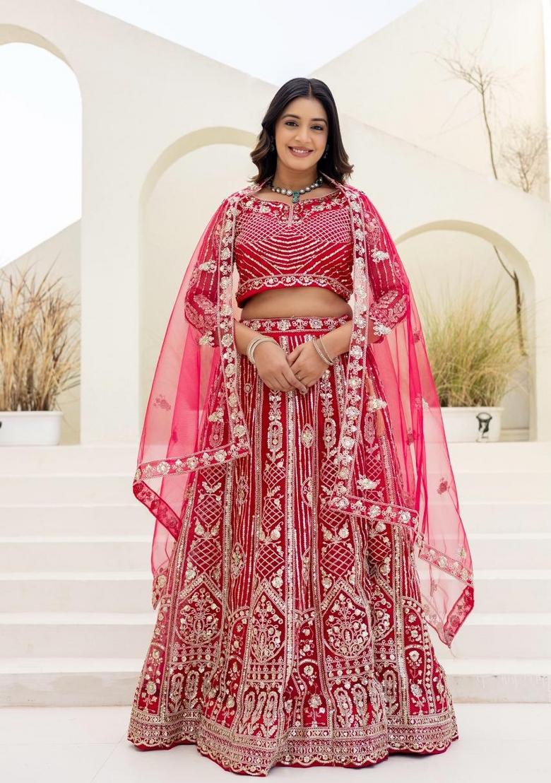 Pink Embroidery Net Lehenga Set - Indya