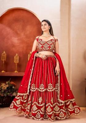 Red Embroidery Georgette Lehenga Set