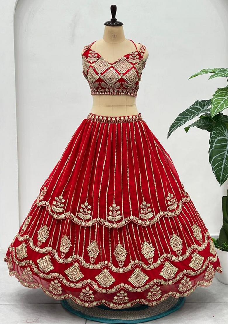 Red Embroidery Georgette Lehenga Set - Indya