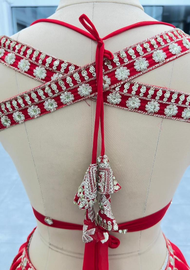 Red Embroidery Georgette Lehenga Set - Indya