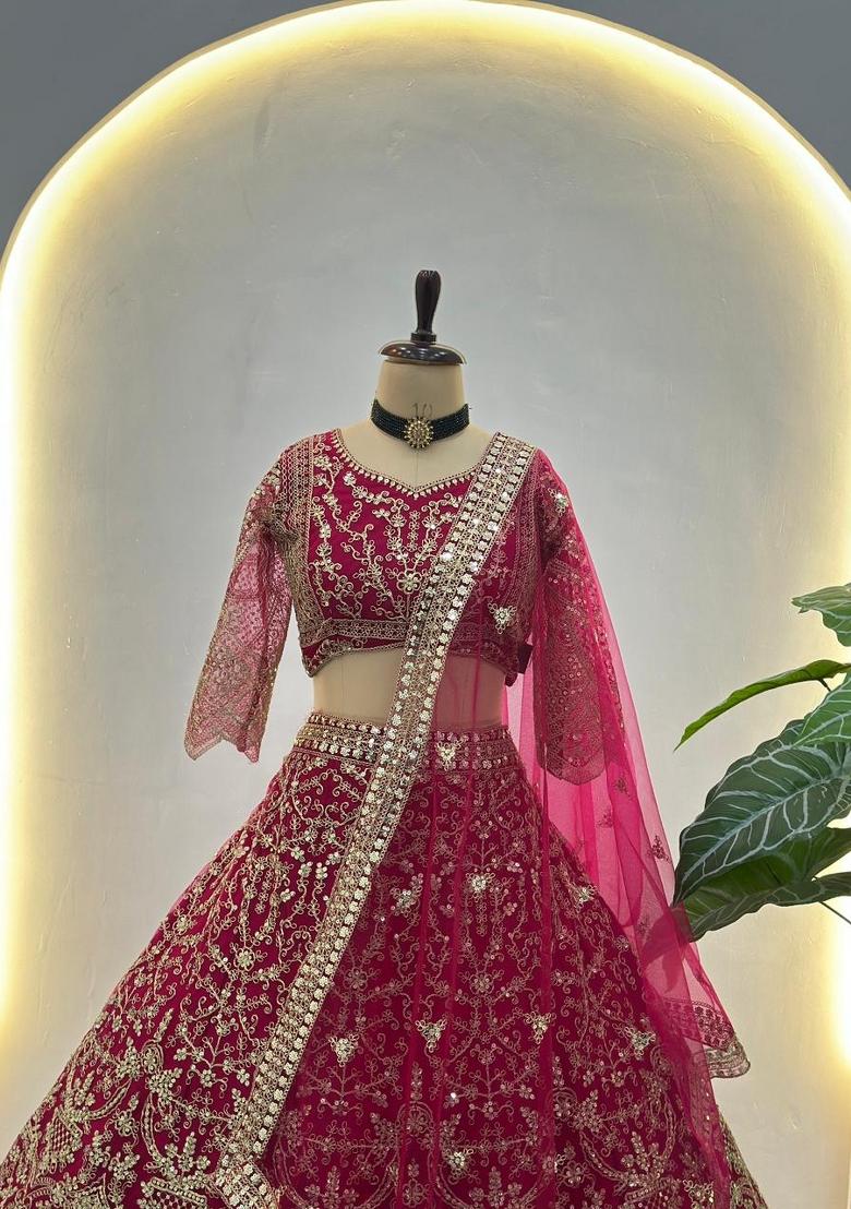 Pink Embroidery Net Lehenga Set - Indya