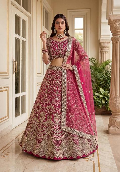 Pink Embroidery Net Lehenga Set