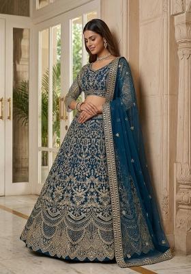 Blue Embroidery Net Lehenga Set
