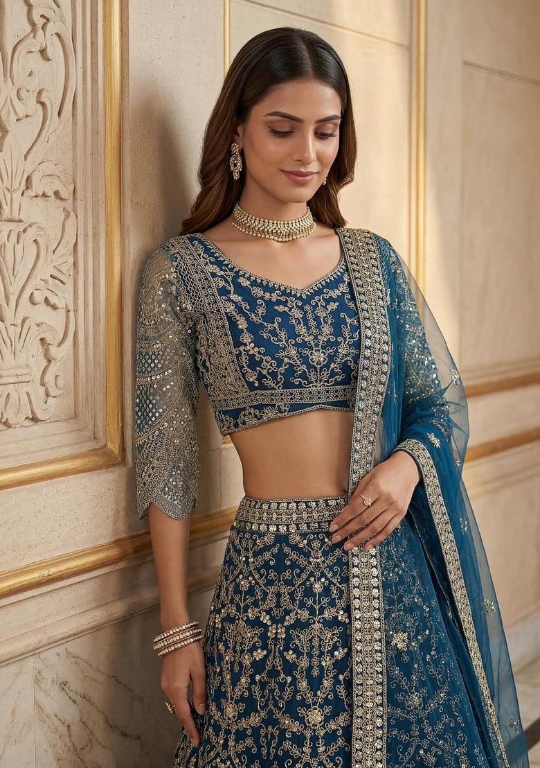 Blue Embroidery Net Lehenga Set - Indya