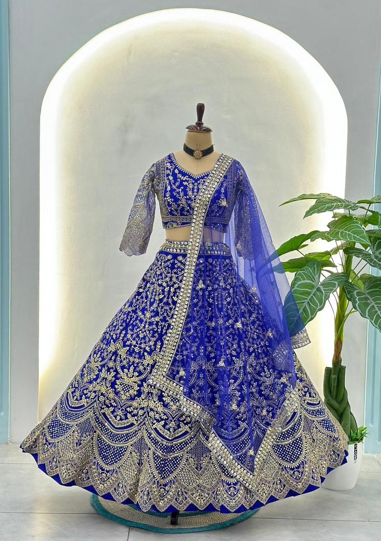 Purple Embroidery Net Lehenga Set - Indya