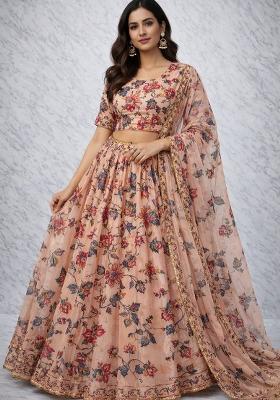 Peach Embroidery Silk Lehenga Set