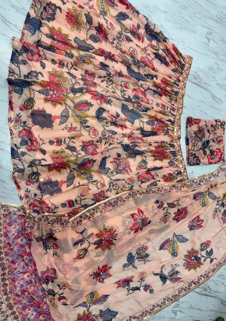 Peach Embroidery Silk Lehenga Set - Indya