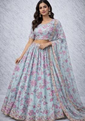 Sky Blue Embroidery Silk Lehenga Set