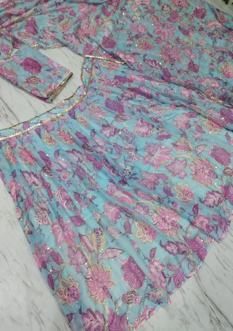 Sky Blue Embroidery Silk Lehenga Set - Indya