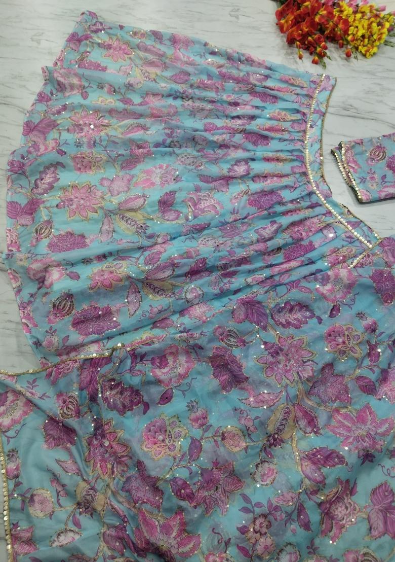 Sky Blue Embroidery Silk Lehenga Set - Indya